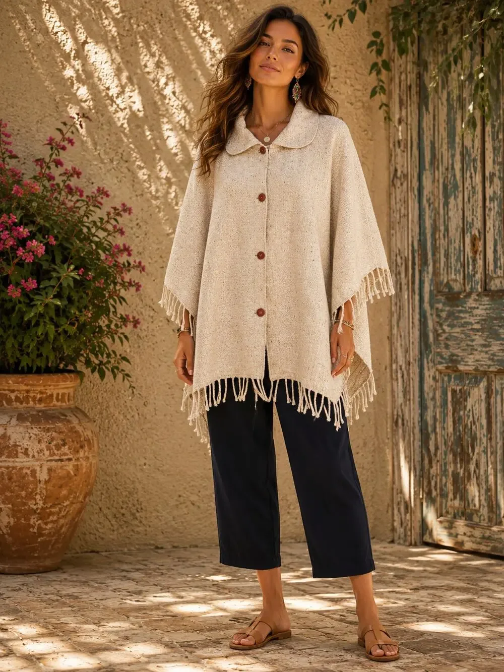 Artilana Wool Cape Poncho Cream Fringe Ruana Wrap Jacket Boho One Size